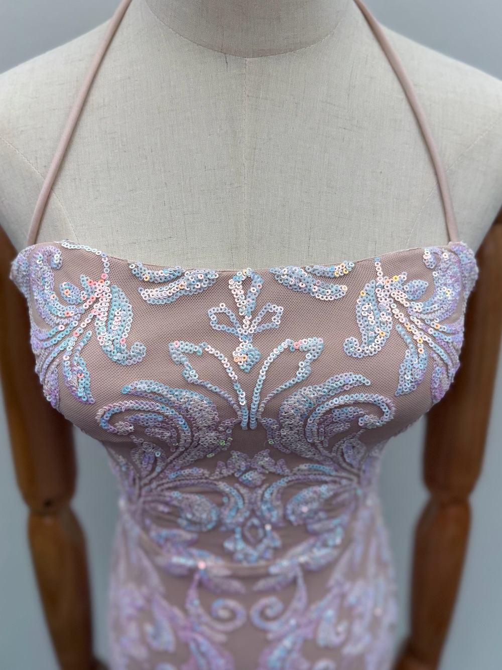 Windsor Pink Sequin Halter Mini Dress Lace Up Back Bodycon Cocktail Party - Picture 3 of 14